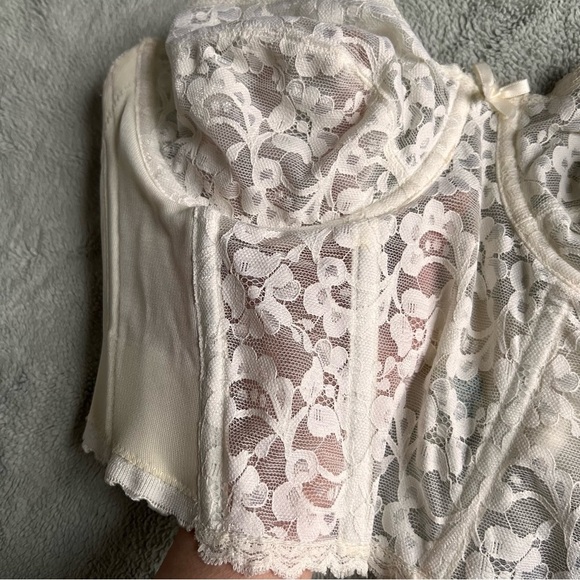 Vintage 70s 80s Backless Floral Lace Corset Long Bustier Bra Top Lingerie White - Picture 15 of 16